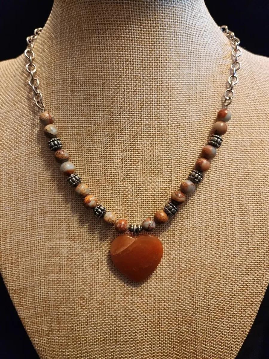 Carnelian and natural stone beaded necklace with heart pendant